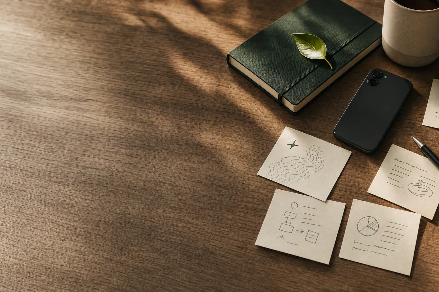 Caderno verde, telefone e notas de planejamento sobre uma mesa de madeira
