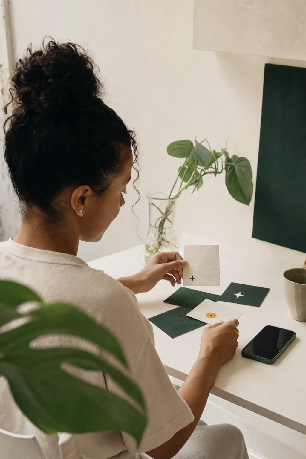 Empreendedora organizando cartões de negócio ao lado de um telefone